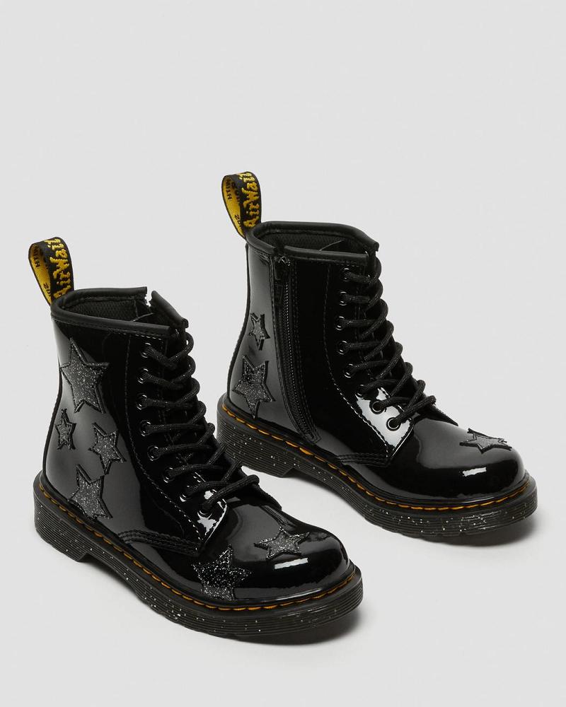 Black Kids' Dr Martens Junior 1460 Glitter Star Patent Lace Up Boots | CA 679PJJ